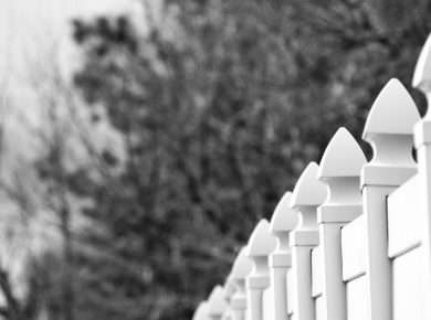 Black and white image of a row of decorative fence posts with blurred winter trees in the background.